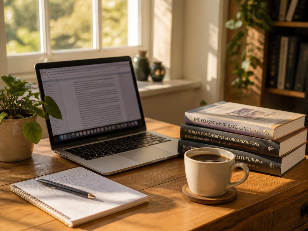 Sunlit desk with a laptop, academic books, notebook and coffee