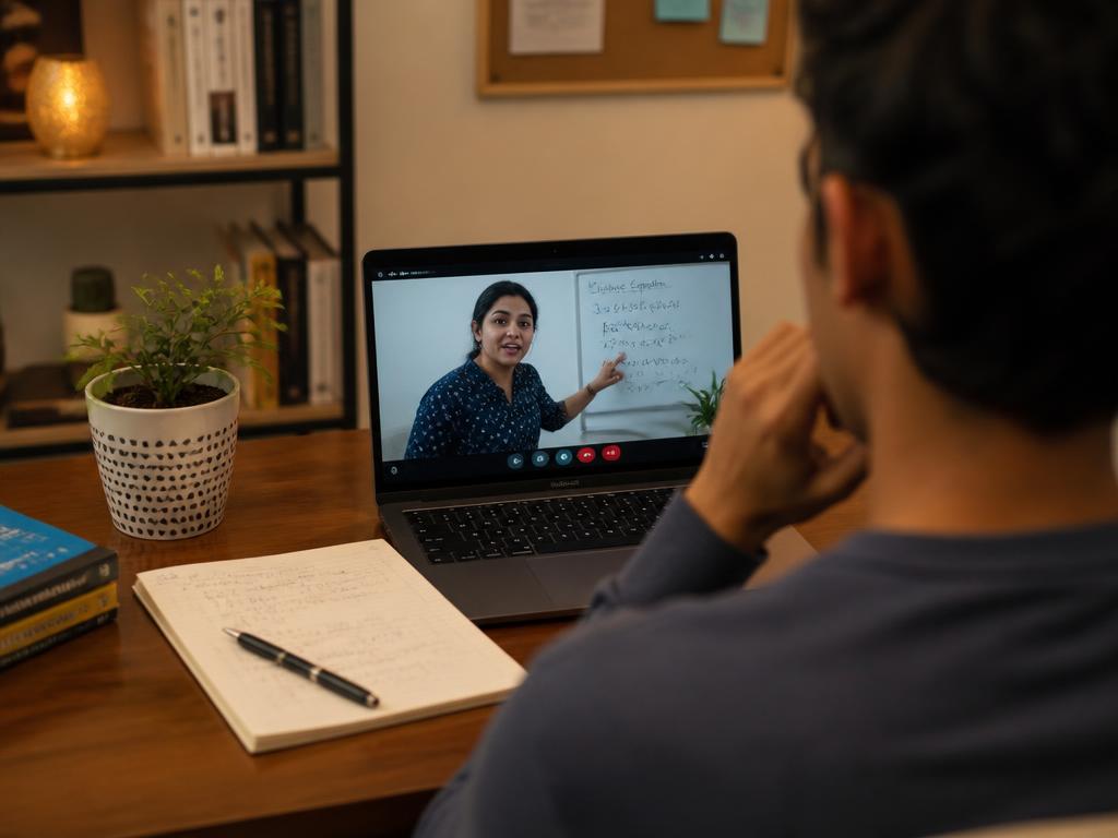 Online tutoring session on a laptop with a notebook open on the desk